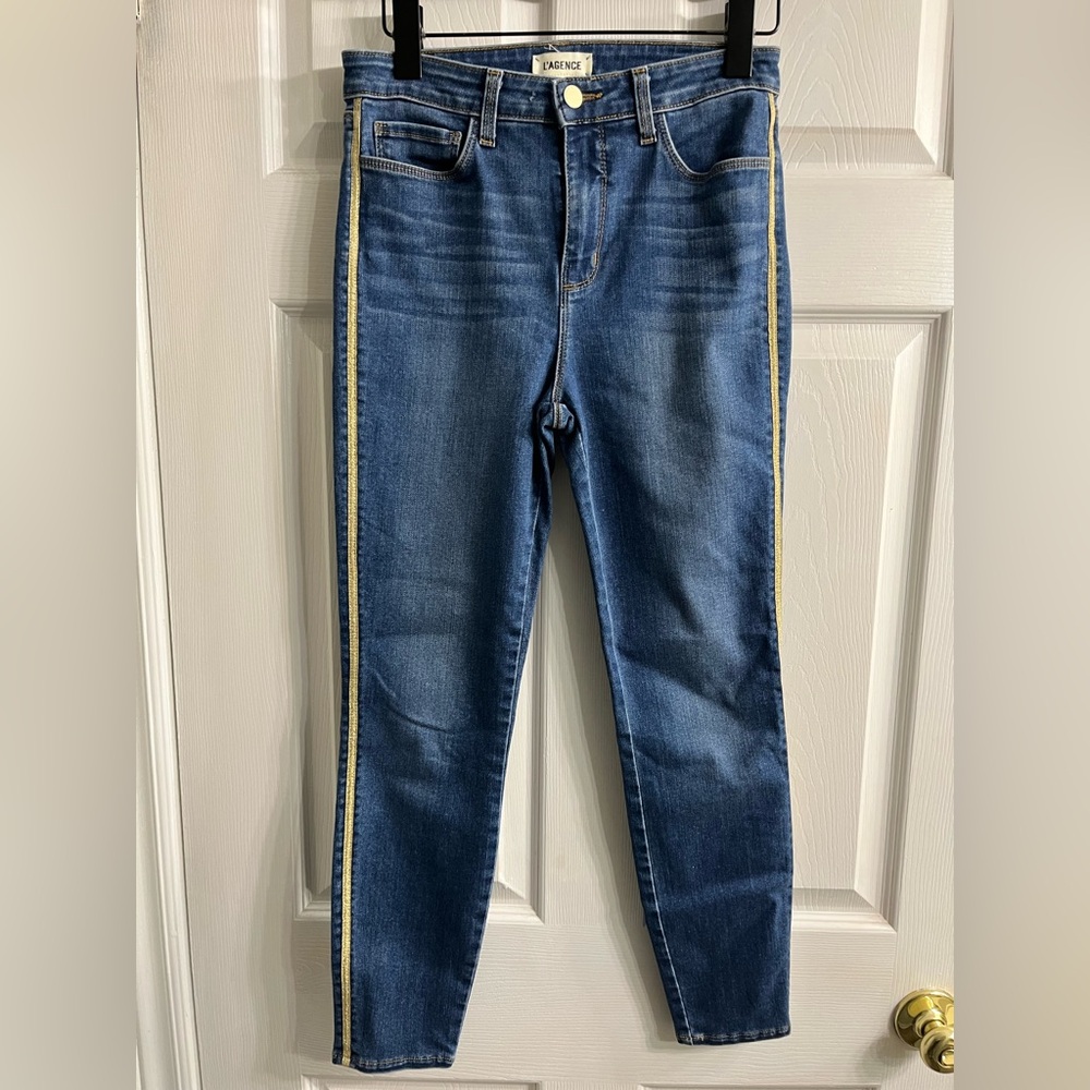 L'AGENCE 'Margot' High Rise Skinny gold Tuxedo Stripe Jeans size 28